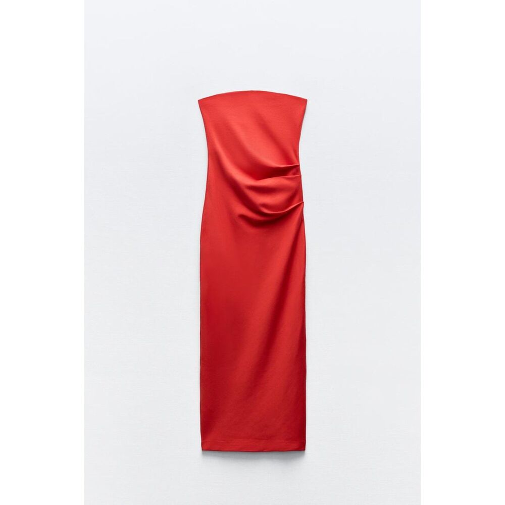 Red Zara Ruched Strapless Knit Midi Pencil Dress (NWT)